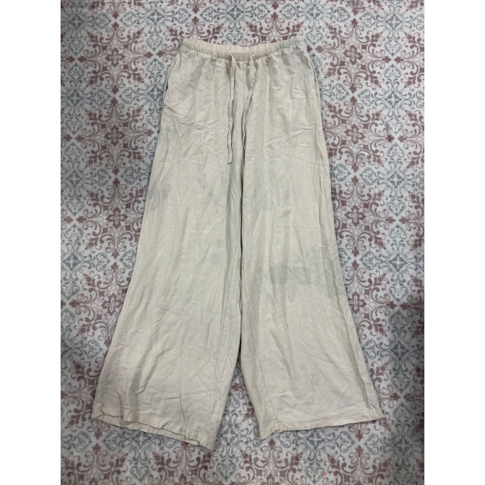 Unbranded Cream Linen Blend Wide Leg Drawstring Pants Small Beige Boho Relaxed